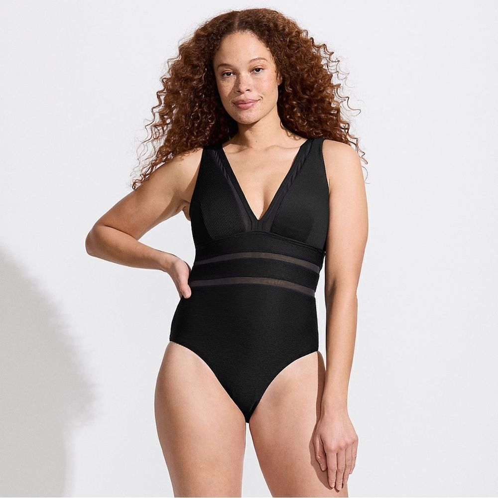 Land's End one piece Plunge swimsuit mesh ribbed Textured high leg Black Var - Picture 7 of 13